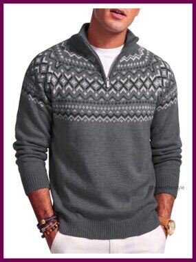 Men's Quarter Zip Mock Neck Knit Pullover Sweater Long Sleeve